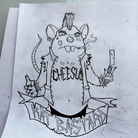 Rekless outline rodent punk with quoted banner tattoo design