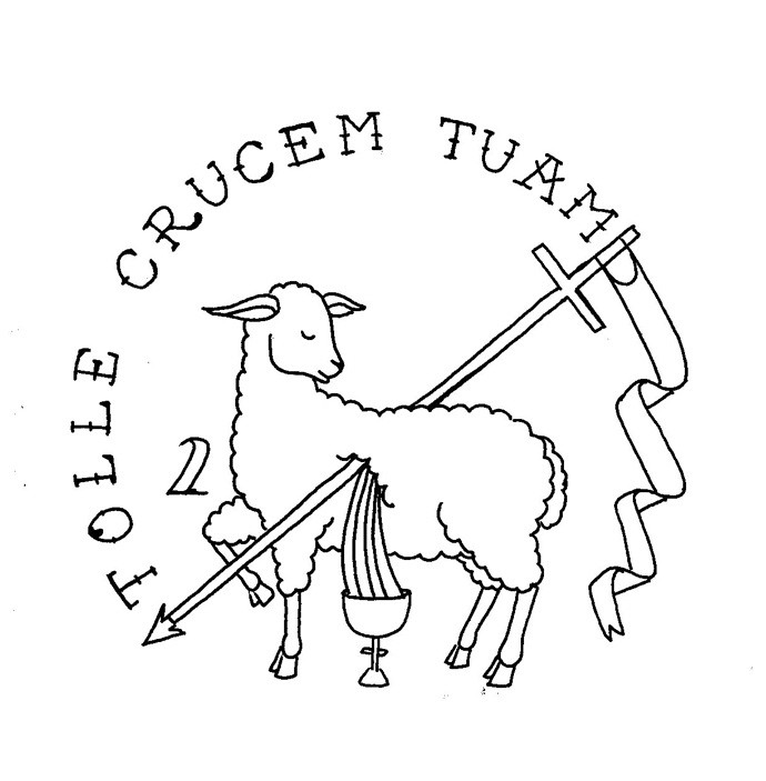 Religious outline sheep pierced with cross tattoo design