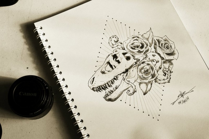 Rex dinosaur skull and spiny roses tattoo design by In The Change