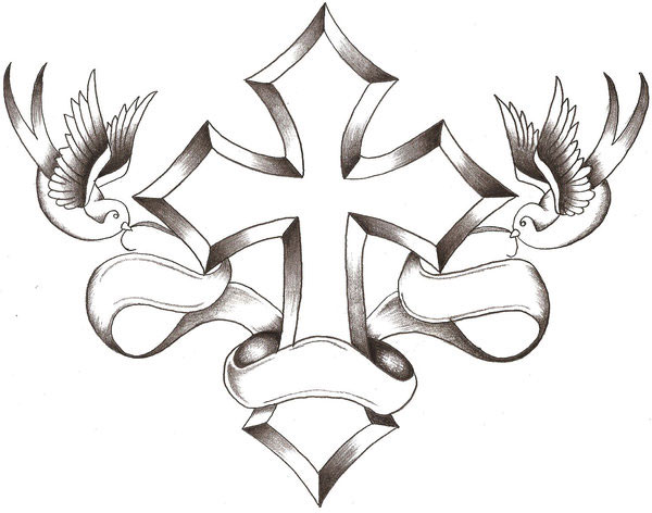 Ribboned cross and dove couple tattoo design
