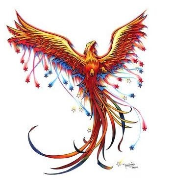 Rising phoenix with tiny colorful stars hanging from wings tattoo design