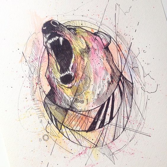 Roaring bear head with geometic and watercolor effects tattoo design