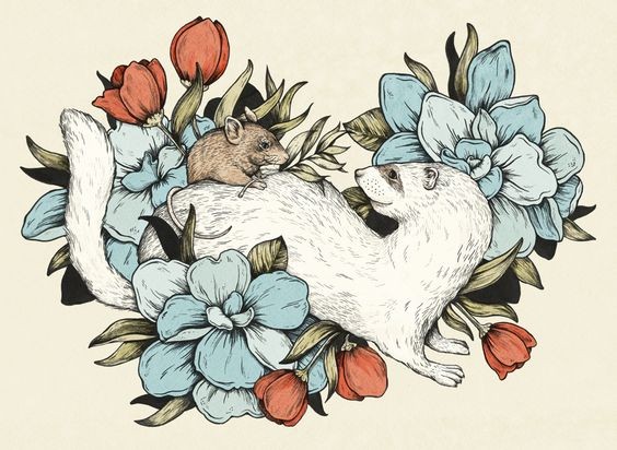 Rodent friends among red and blue flowers tattoo design