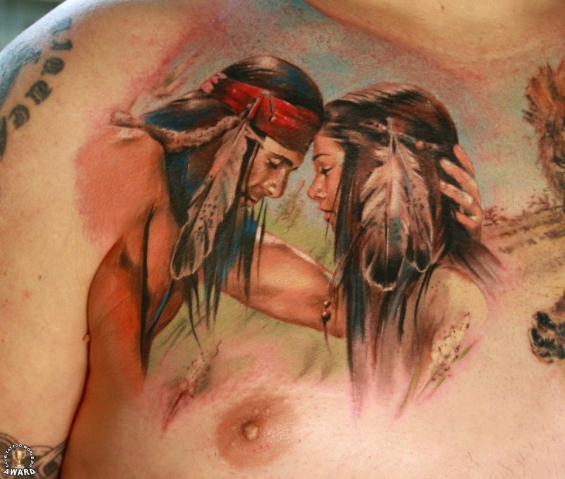 Romantic Indian couple tattoo on chest