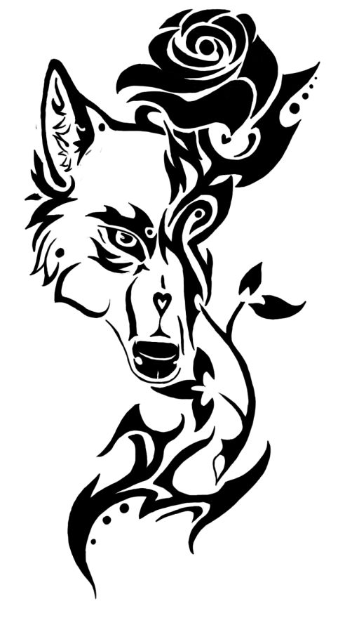 Romantic black-contour wolf and thorned rose tattoo design