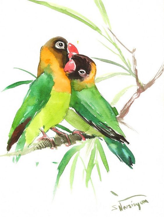 Romantic green embracing parrot couple tattoo design