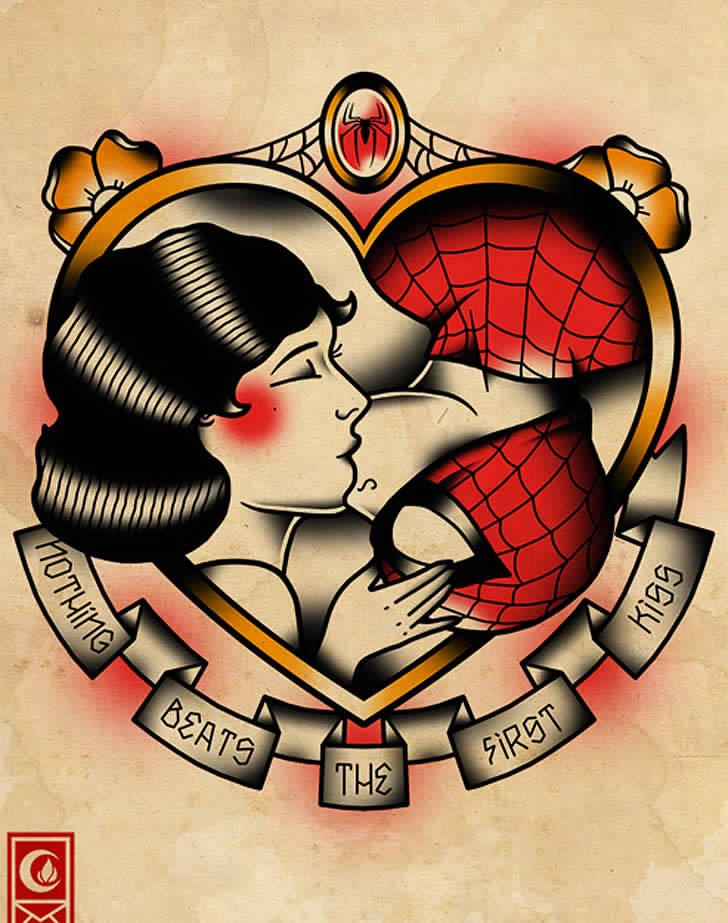 Romantic old school kissing girl and spiderman tattoo design