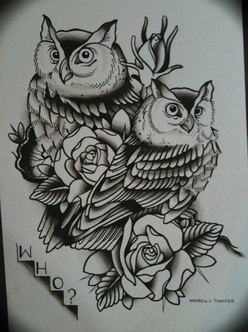 Romantic owl couple with roses tattoo design