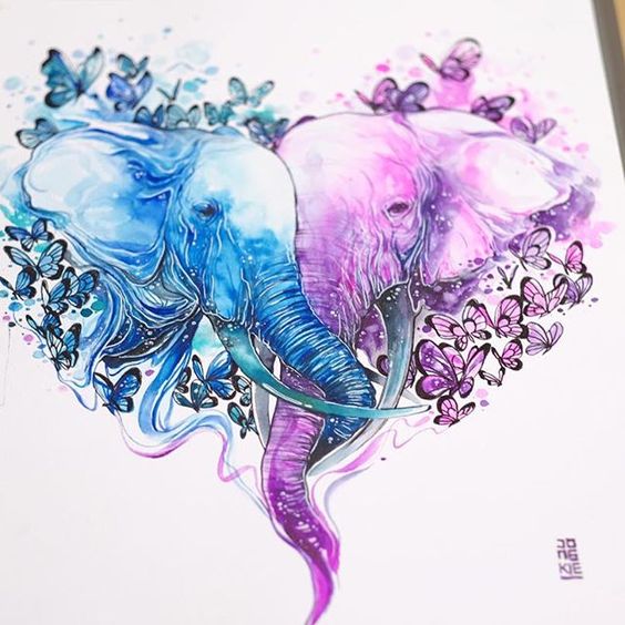 Romantic purple-and-blue watercolor elephant couple tattoo design