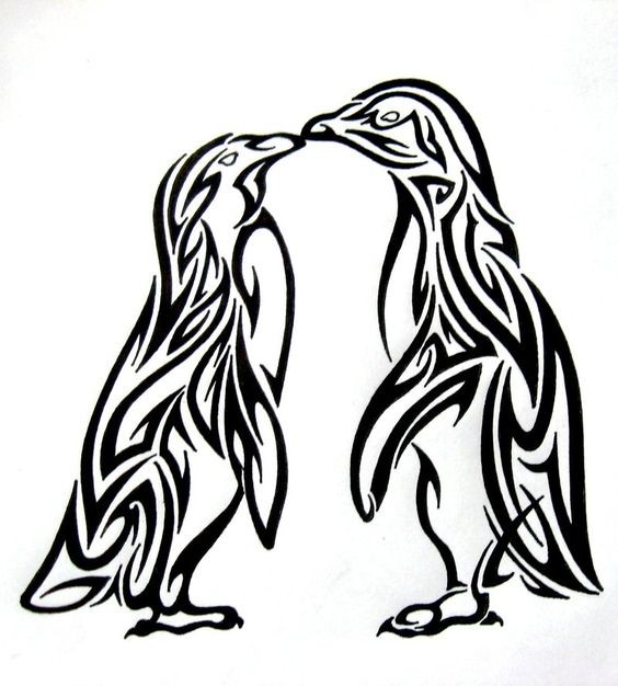 Romantic tribal kissing penguin couple tattoo design