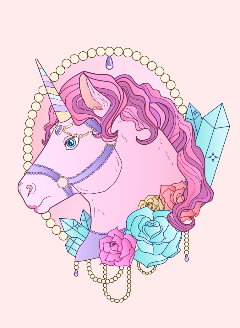 Rosy unicorn portrait with roses and crystal details in beaded frame tattoo design by Whipped Cream Cake