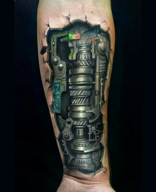 Rough iron robot detailed tattoo on arm