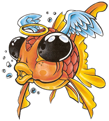 Round winged gold fish with googled eyes and nimbus tattoo design