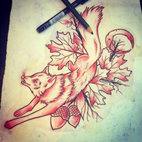 Running fox with acorns and maple leaves tattoo design