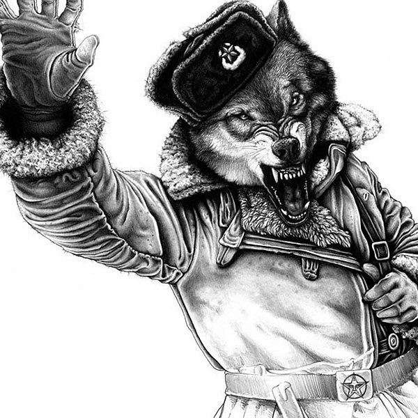 Russian gnarling wolf in warm coat tattoo design
