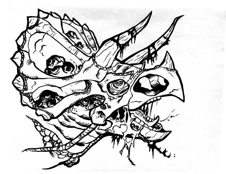 Design de tatuagem de cabeça de dinossauro zumbi incolor triste