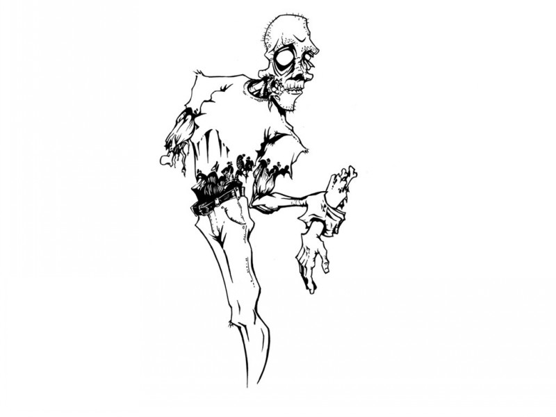 Sad colorless zombie man keeping his own hand tattoo design