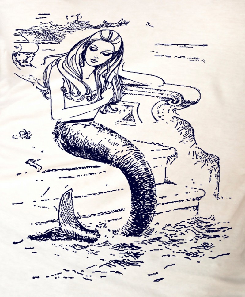 Sad mermaid sitting on the stone stairs tattoo design