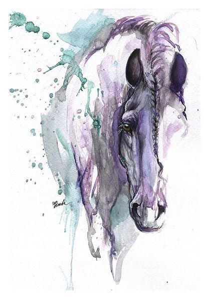 Sad purple-and-turquoise horse head tattoo design