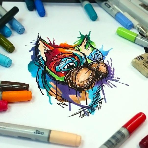 Sad rainbow watercolor bulldog tattoo design