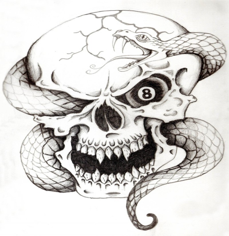 Scaled snake crawking inside the skull tattoo design by High Lander Phill