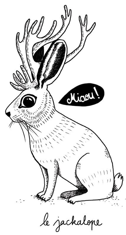 Scared huge-eyed sitting hare with big horns and speach dialogue tattoo design