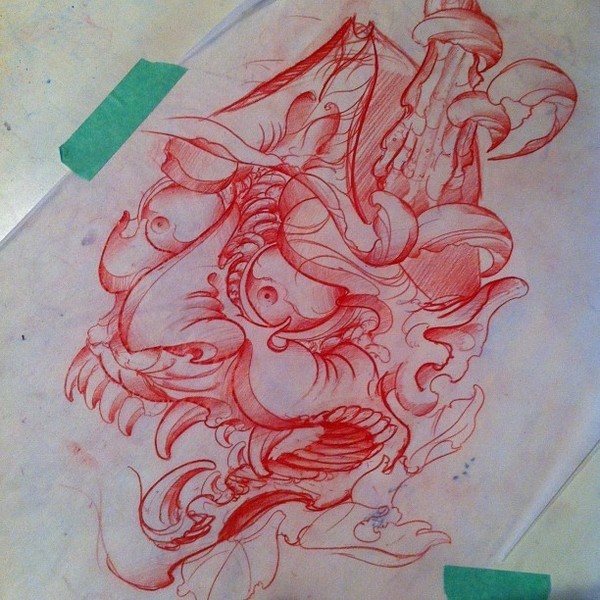Assustado design de tatuagem de cara de demônio de tinta vermelha