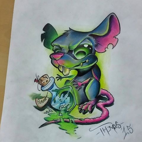 Scary animated mouse and broken bulb with poison tattoo design