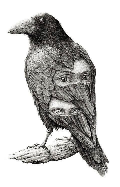 Scary balck-and-white raven with human-faces pattern tattoo design