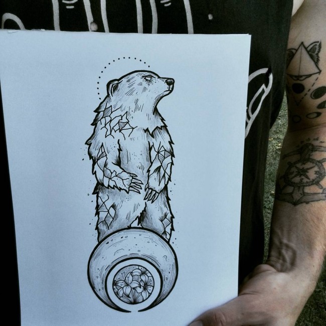 Scary bear with reversed moon and flowers tattoo design