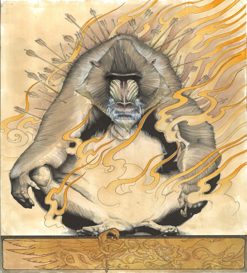 Scary big grey baboon in orange fire tattoo design by Jonomarks