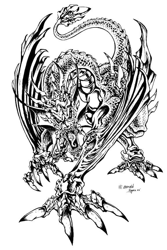 Assustador em preto e branco atacando tatuagem de dragão