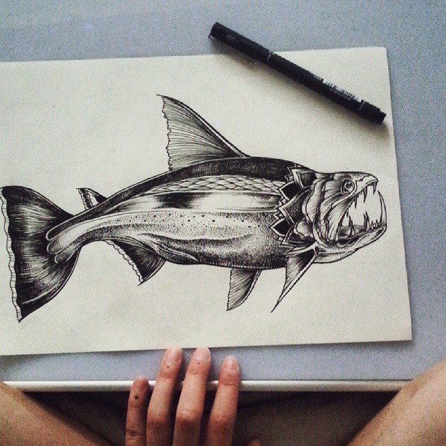 Scary black-and-white fish predetot with heavy jaws tattoo design