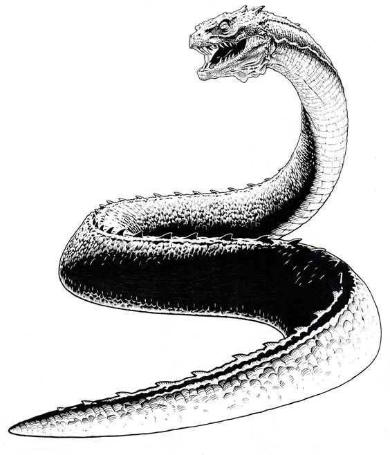 Scary black-and-white horn- headed reptile tattoo design