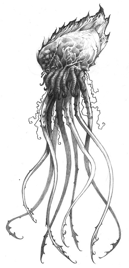 Scary black-and-white jellyfish with flaming head tattoo design by Jh1873