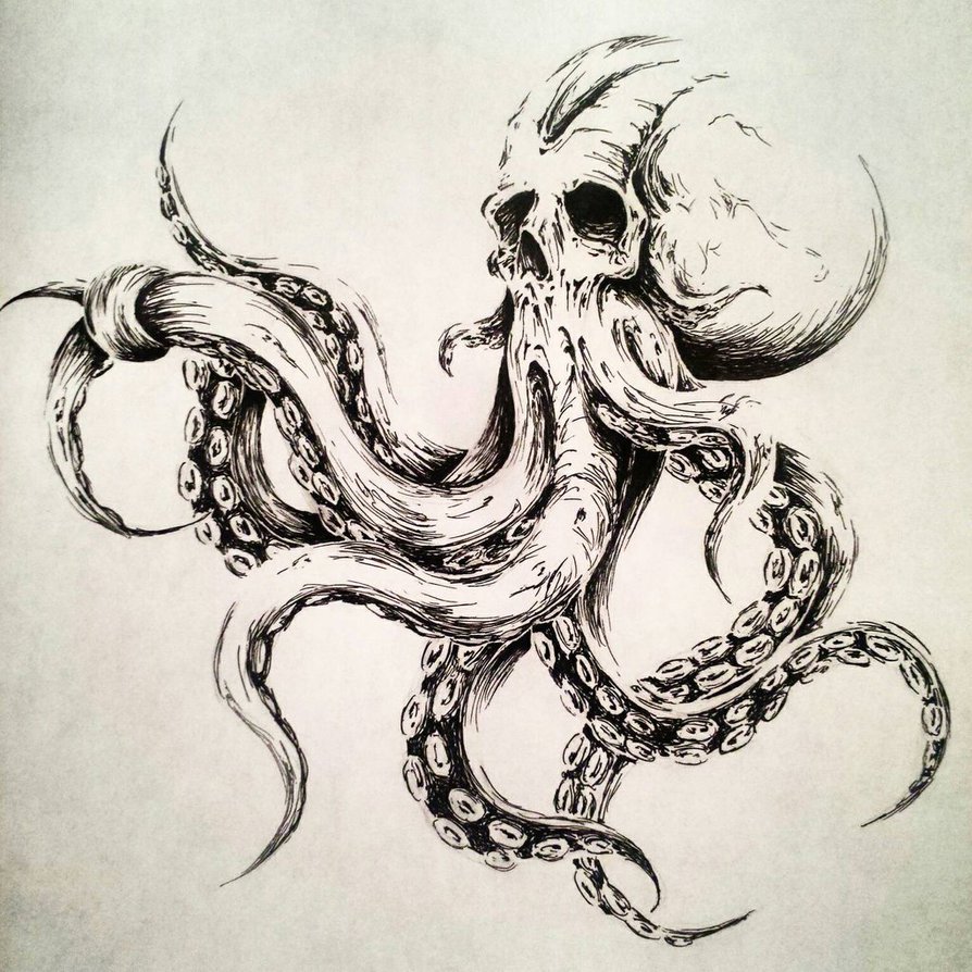 Scary black-and-white octopus with skull head tattoo design by Melkorbaulgir