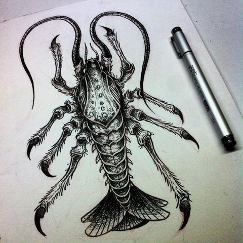 Scary black-and-white water animal tattoo design