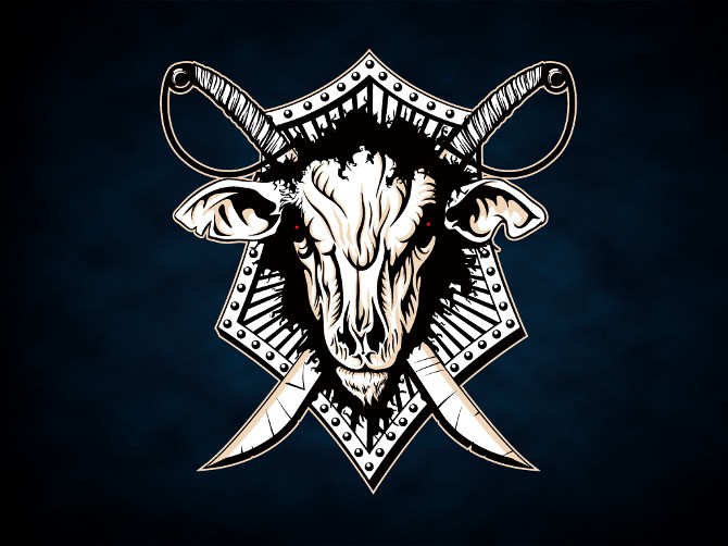 Scary black-fur sheep head and crossed swords tattoo design