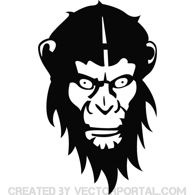 Scary black-ink fluffy chimpanzee head tattoo design