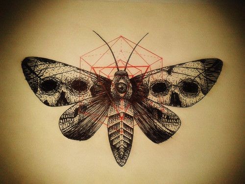 Scary black moth with skull prints on wings and red geometric drawing tattoo design