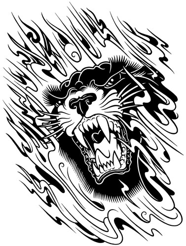 Scary black panther head roaring in fire tattoo design
