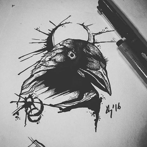 Scary black raven portrait tattoo design