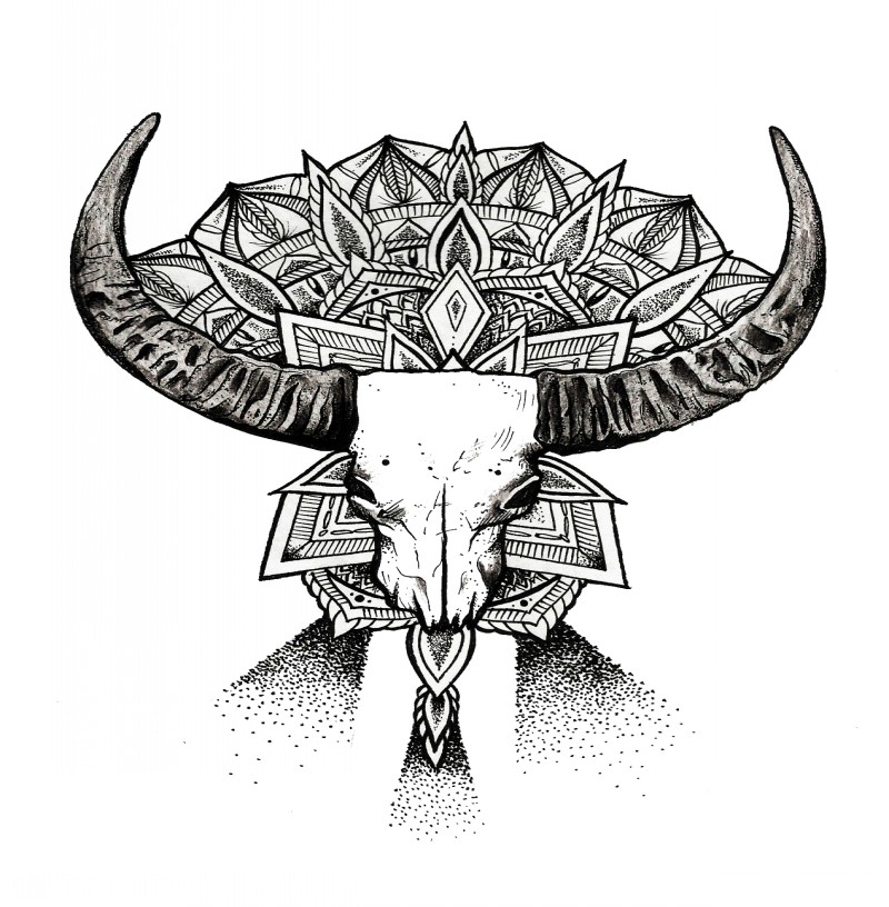 Scary bull skull with mandala and dotwork rays tattoo design