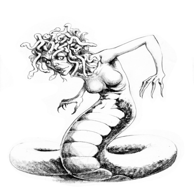 Scary cartoon standing medusa gorgona tattoo design by Evil1980