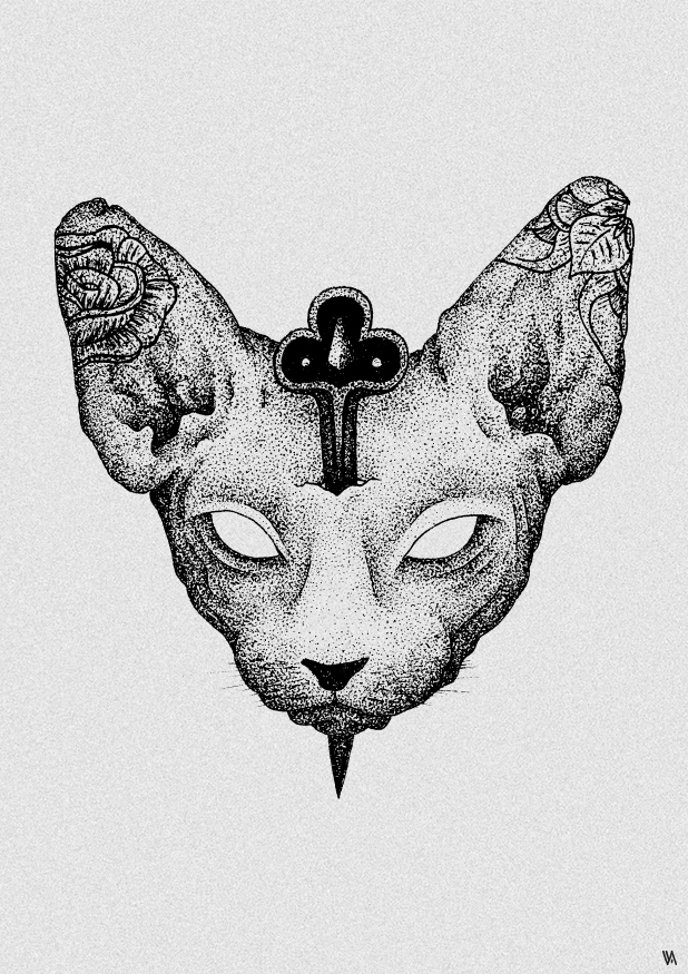 Scary demonuc mad-eyed cat with a cross tattoo design