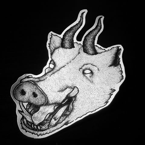 Scary dotwork animal head with blind eyes and horns tattoo design