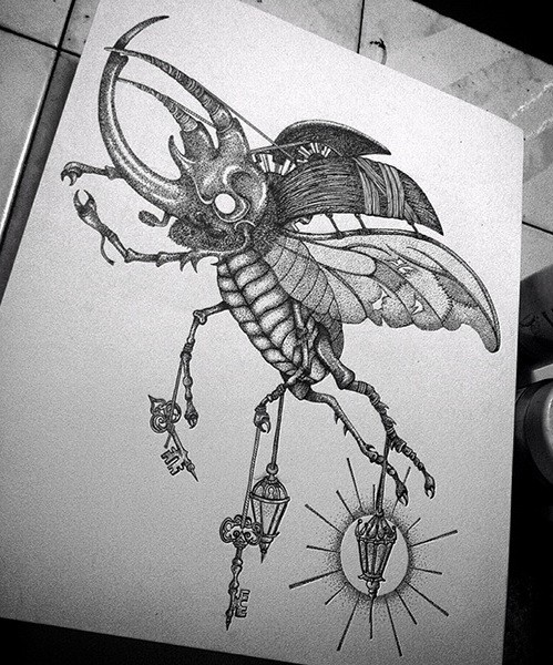 Scary dotwork horned bug with keys and lamps tied to the legs tattoo design