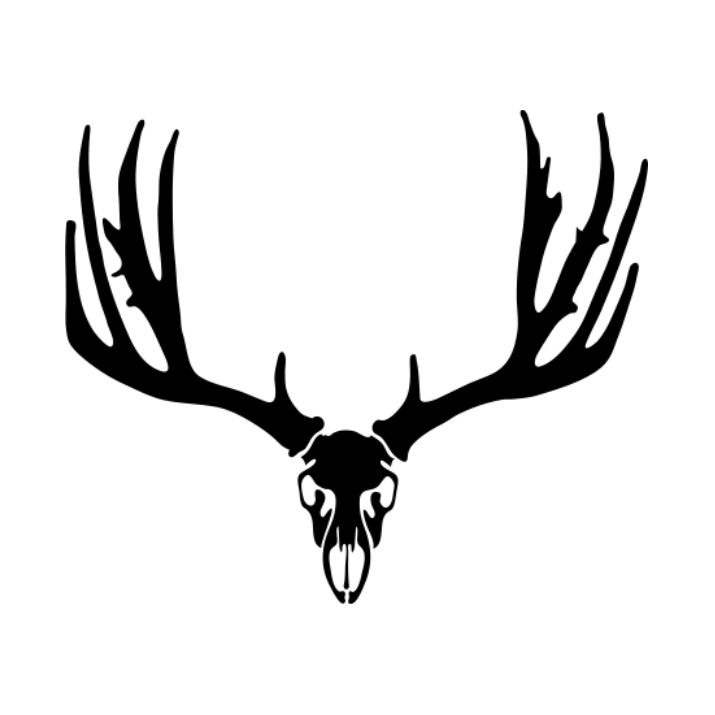 Scary full-black deer skull with bushy horns tattoo design