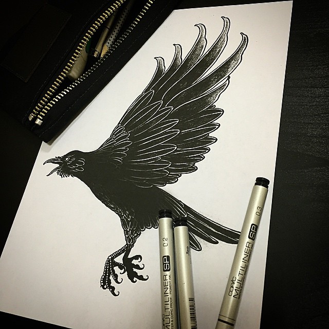 Scary full-black flying raven tattoo design