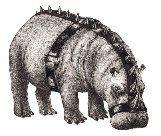 Scary grey-ink hippo in huge spiny muzzle tattoo design